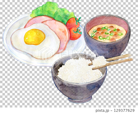 水彩插畫、手繪插畫、火腿蛋套餐 129377629