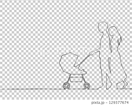 一對夫婦推著嬰兒車的剪影插圖 一對夫婦推著嬰兒車的剪影插圖 129377674