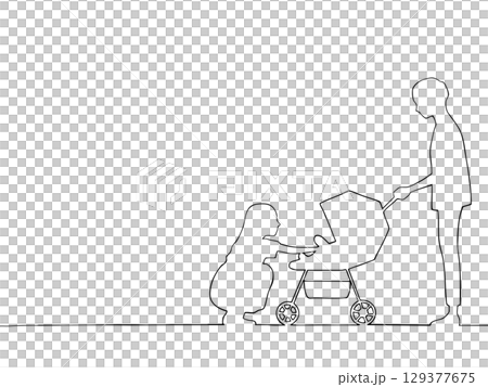 一對夫婦在嬰兒車中照顧嬰兒的剪影插圖 129377675