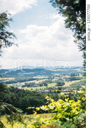 Elevated view of a diverse rural landscape with forested hills, farms, and clustered villages framed by greenery. Bioregional identity, place-based design, rural culture, landscape storytelling 129377700