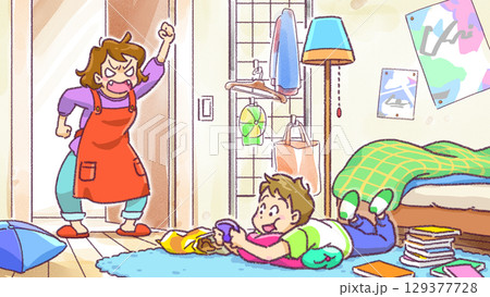 家でゴロゴロする子供を叱るお母さん 129377728