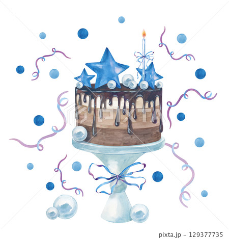 Watercolor chocolate cake on a stand with blue decor for celebrating Baby Shower or a boy's birthday, hand-drawn.  Illustration of a dessert with candle, ribbons, stars, confetti and streamers 129377735