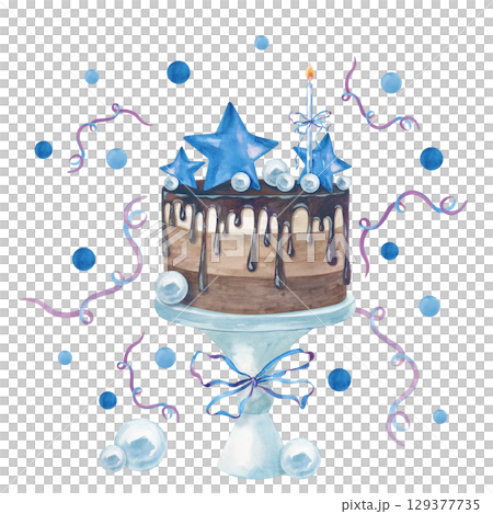 Watercolor chocolate cake on a stand with blue decor for celebrating Baby Shower or a boy's birthday, hand-drawn.  Illustration of a dessert with candle, ribbons, stars, confetti and streamers 129377735