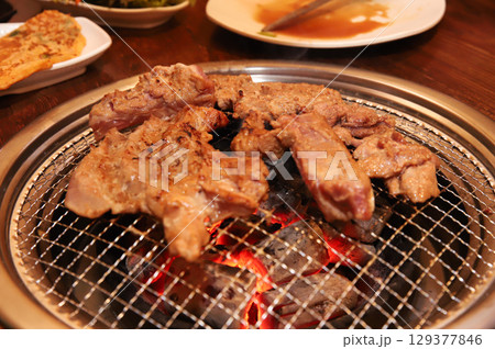 Korean barbecue. marinated beef rib bbq 129377846