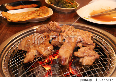 Korean barbecue. marinated beef rib bbq 129377847