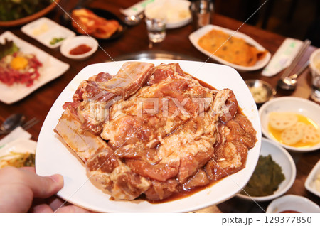Korean barbecue. marinated beef rib bbq 129377850