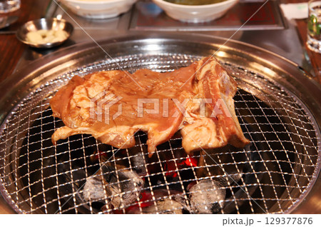 Korean barbecue. marinated beef rib bbq 129377876