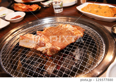 Korean barbecue. marinated beef rib bbq 129377880