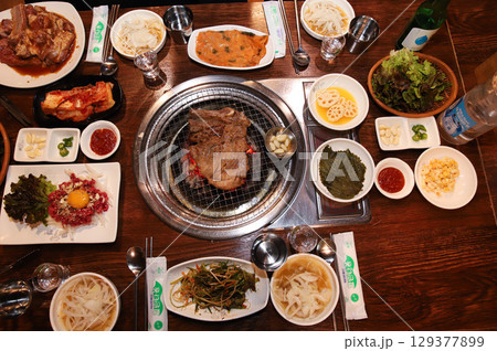 Korean barbecue. marinated beef rib bbq 129377899
