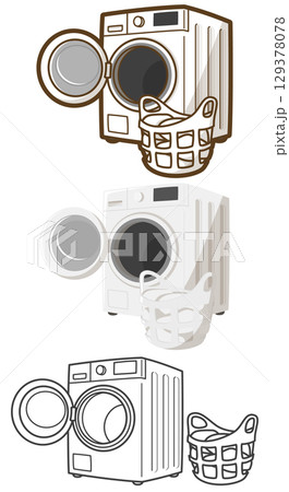 ドラム式洗濯機と洗濯物が入っている洗濯カゴ 129378078