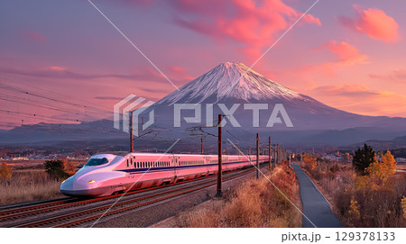 夕焼けに染まる新幹線 129378133