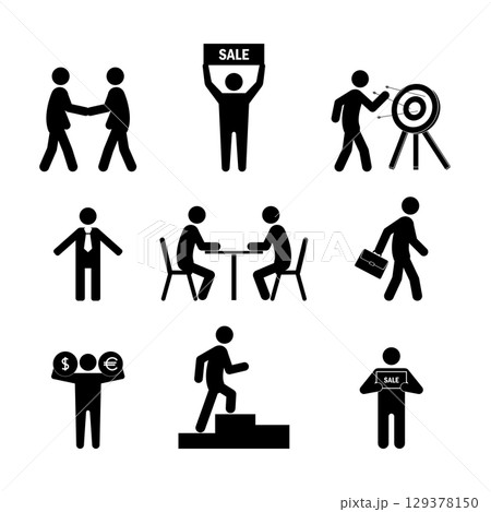 A set of nine black and white stick figure depicting various business and sales-related scenes. A set of nine black and white stick figure depicting various business and sales-related scenes. 129378150