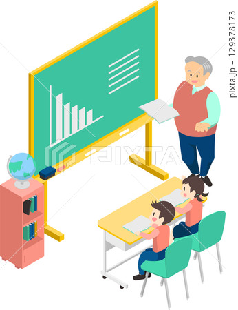 楽しく勉強する子供たちとシニアの先生のイメージイラスト 楽しく勉強する子供たちとシニアの先生のイメージイラスト 129378173