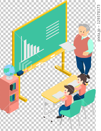 孩子們快樂學習的插畫和一位資深教師 129378173