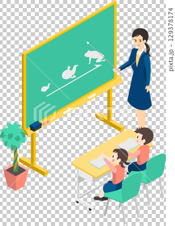 Illustration of children studying happily and a female teacher 129378174