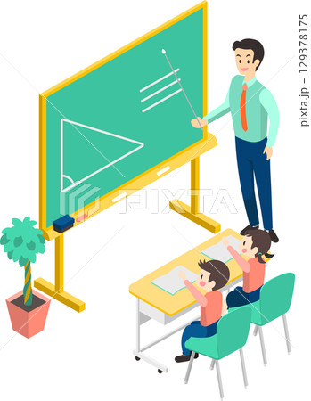 楽しく勉強する子供たちと男性の先生のイメージイラスト 129378175