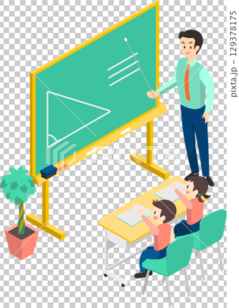 楽しく勉強する子供たちと男性の先生のイメージイラスト 129378175
