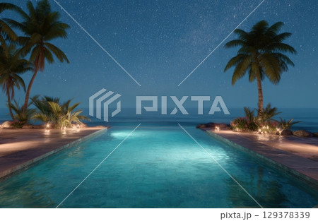 an infinity pool overlooking the ocean at night, with palm trees and lights 129378339