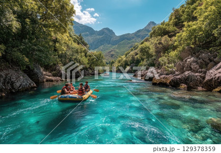 friends on a yellow raft in the emerald blue River with the sun shining and mountains 129378359
