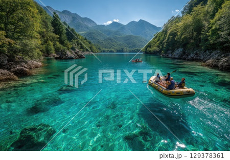 friends on a yellow raft in the emerald blue River with the sun shining and mountains 129378361