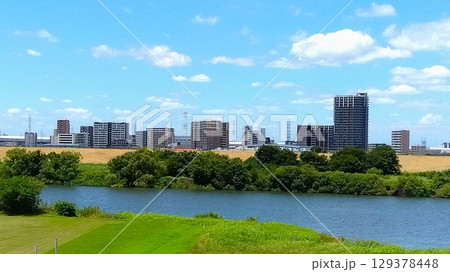 夏の土手から見る江戸川と対岸の三郷中央駅付近のマンション群風景 129378448
