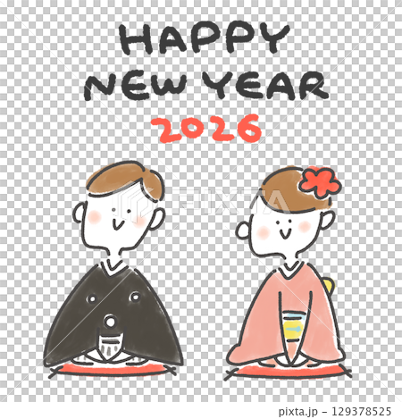 Cute hand-drawn New Year's card 2026 featuring a couple in kimono greeting each other for New Year's. Square, for SNS and Instagram. 129378525