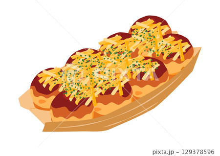 斜め上から見たチーズをかけたたこ焼きのイラスト 舟皿 8個 斜め上から見たチーズをかけたたこ焼きのイラスト 舟皿 8個 129378596