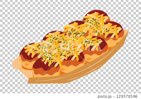 Illustration of takoyaki topped with cheese, seen from above. Boat-shaped plate of 8 pieces. 129378596