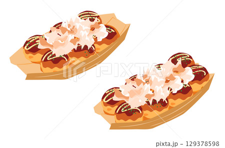 斜め上から見た鰹節をかけたたこ焼きのイラスト　舟皿　セット 129378598