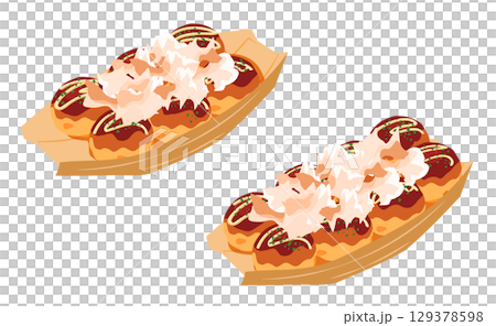 斜め上から見た鰹節をかけたたこ焼きのイラスト　舟皿　セット 129378598