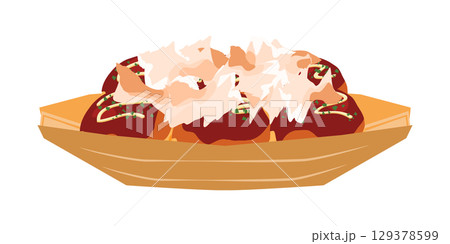 正面から見た鰹節をかけたたこ焼きのイラスト　舟皿　6個 129378599