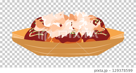 正面から見た鰹節をかけたたこ焼きのイラスト　舟皿　6個 129378599