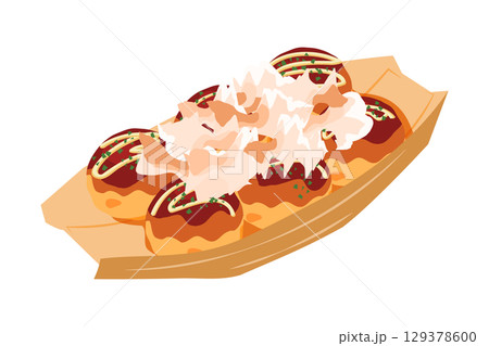 斜め上から見た鰹節をかけたたこ焼きのイラスト　舟皿　6個 129378600
