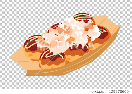 斜め上から見た鰹節をかけたたこ焼きのイラスト　舟皿　6個 129378600