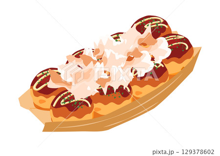 斜め上から見た鰹節をかけたたこ焼きのイラスト 舟皿 8個 斜め上から見た鰹節をかけたたこ焼きのイラスト 舟皿 8個 129378602