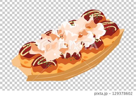 Illustration of takoyaki topped with bonito flakes, seen from above. Boat-shaped plate, 8 pieces. 129378602
