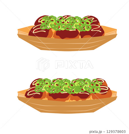 正面から見たネギをかけたたこ焼きのイラスト 舟皿 セット 正面から見たネギをかけたたこ焼きのイラスト 舟皿 セット 129378603