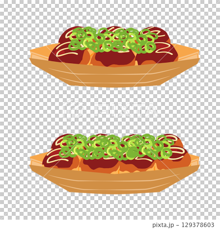 Illustration of takoyaki with green onions seen from the front, set on a boat-shaped plate 129378603
