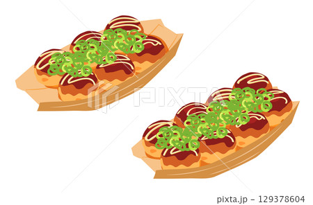 斜め上から見たネギをかけたたこ焼きのイラスト　セット 129378604