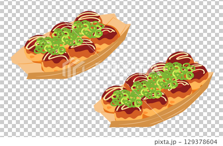 斜め上から見たネギをかけたたこ焼きのイラスト　セット 129378604
