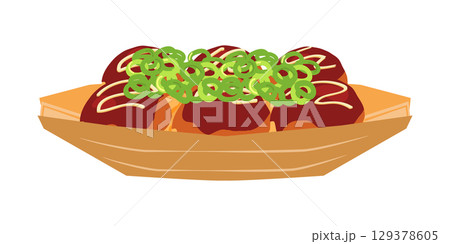 正面から見たネギをかけたたこ焼きのイラスト　6個 129378605