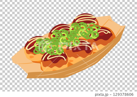 Illustration of takoyaki topped with green onions, seen from above. Boat-shaped dish, 6 pieces. 129378606