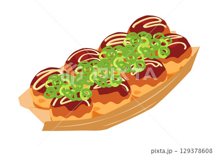 斜め上から見たネギをかけたたこ焼きのイラスト　舟皿　8個 129378608