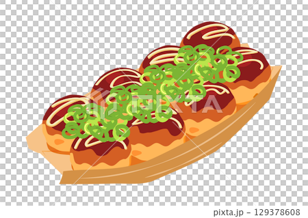 Illustration of takoyaki topped with green onions, seen from above. Boat-shaped plate, 8 pieces. 129378608