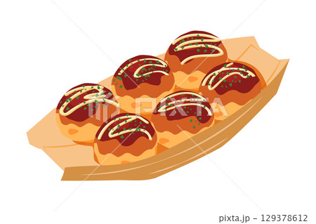 斜め上から見たたこ焼きのイラスト　舟皿　6個	 129378612