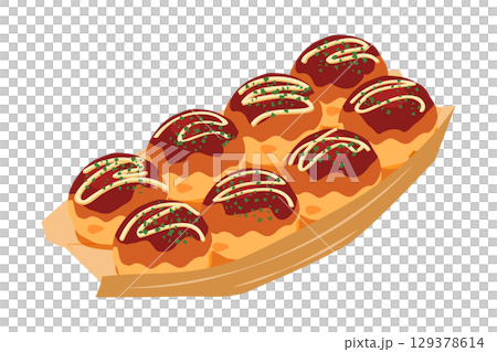 Illustration of takoyaki seen from above, boat-shaped tray, 8 pieces 129378614
