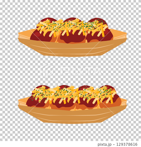 正面から見たチーズをかけたたこ焼きのイラスト 舟皿 セット 正面から見たチーズをかけたたこ焼きのイラスト 舟皿 セット 129378616