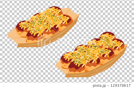 Illustration of takoyaki topped with cheese, seen from above, on a boat-shaped plate 129378617