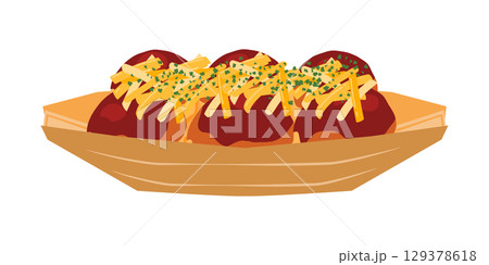 正面から見たチーズをかけたたこ焼きのイラスト 舟皿 6個 正面から見たチーズをかけたたこ焼きのイラスト 舟皿 6個 129378618