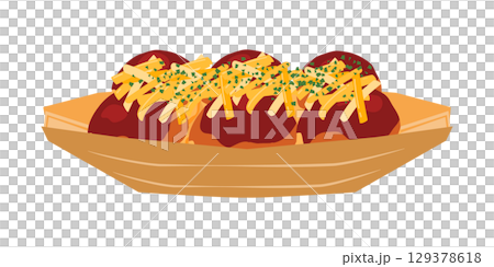 正面から見たチーズをかけたたこ焼きのイラスト 舟皿 6個 正面から見たチーズをかけたたこ焼きのイラスト 舟皿 6個 129378618